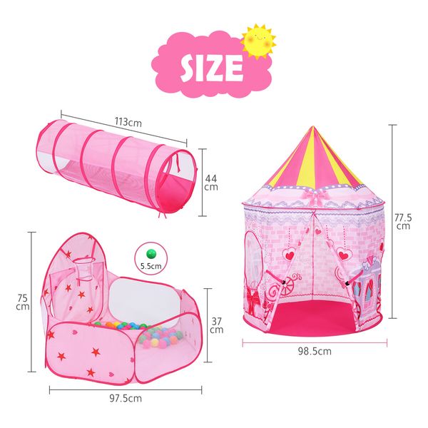 Kids Teepee Pop Up Tent 3 In 1 Playhouse Ball Pit Crawl Tunnel Basketball Hoop Playground Activity Centre Princess Castle