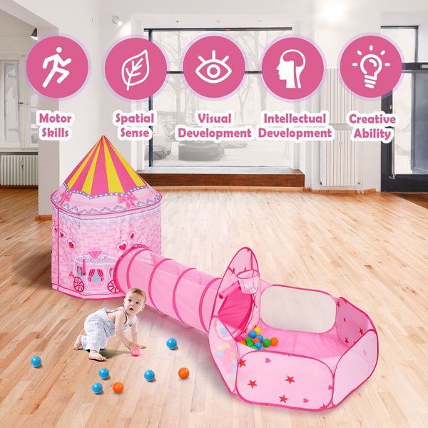 Kids Teepee Pop Up Tent 3 In 1 Playhouse Ball Pit Crawl Tunnel Basketball Hoop Playground Activity Centre Princess Castle