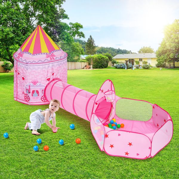 Kids Teepee Pop Up Tent 3 In 1 Playhouse Ball Pit Crawl Tunnel Basketball Hoop Playground Activity Centre Princess Castle