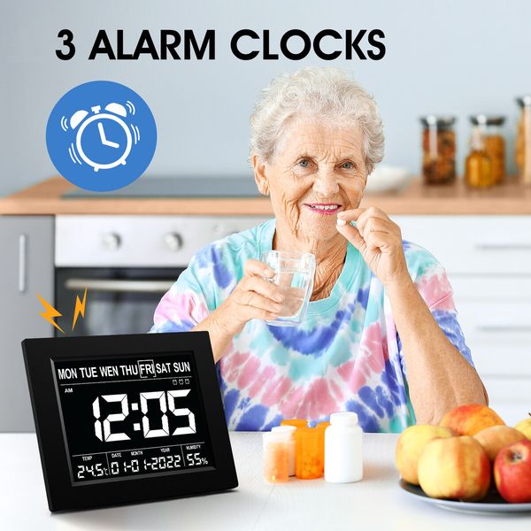 Digital Alarm LED Calendar Clock Large Dementia Bedside Wall Table Desk 4 Brightness Levels 8 Languages Black 8 Inch