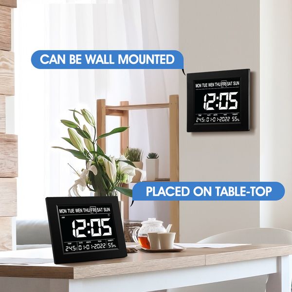 Digital Alarm LED Calendar Clock Large Dementia Bedside Wall Table Desk 4 Brightness Levels 8 Languages Black 8 Inch