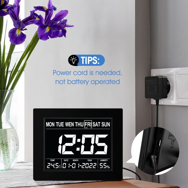 Digital Alarm LED Calendar Clock Large Dementia Bedside Wall Table Desk 4 Brightness Levels 8 Languages Black 8 Inch