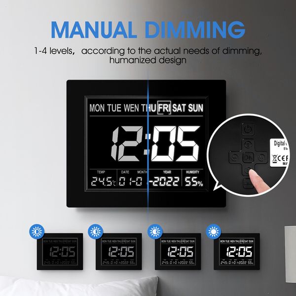 Digital Alarm LED Calendar Clock Large Dementia Bedside Wall Table Desk 4 Brightness Levels 8 Languages Black 8 Inch