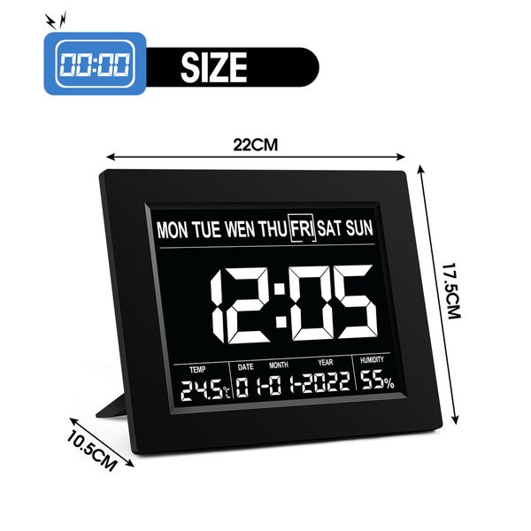 Digital Alarm LED Calendar Clock Large Dementia Bedside Wall Table Desk 4 Brightness Levels 8 Languages Black 8 Inch