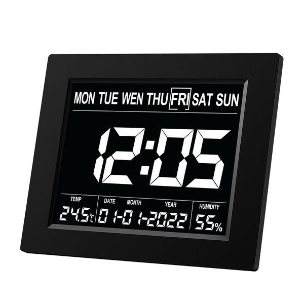 Digital Alarm LED Calendar Clock Large Dementia Bedside Wall Table Desk 4 Brightness Levels 8 Languages Black 8 Inch