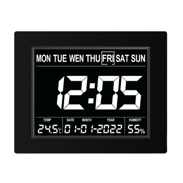 Digital Alarm LED Calendar Clock Large Dementia Bedside Wall Table Desk 4 Brightness Levels 8 Languages Black 8 Inch