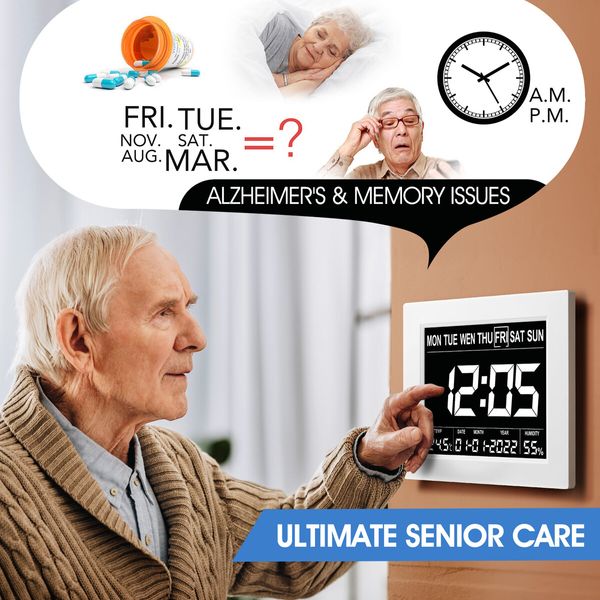 Digital Calendar Clock LED Dementia Bedside Alarm 8 Inch Large Wall Table Desk 8 Languages 4 Dimming Levels White