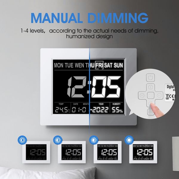 Digital Calendar Clock LED Dementia Bedside Alarm 8 Inch Large Wall Table Desk 8 Languages 4 Dimming Levels White