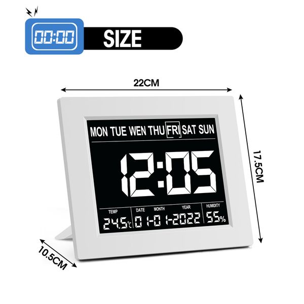 Digital Calendar Clock LED Dementia Bedside Alarm 8 Inch Large Wall Table Desk 8 Languages 4 Dimming Levels White