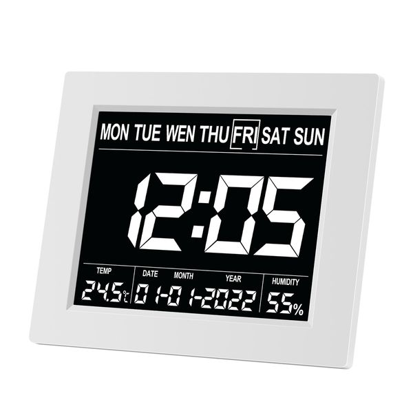 Digital Calendar Clock LED Dementia Bedside Alarm 8 Inch Large Wall Table Desk 8 Languages 4 Dimming Levels White