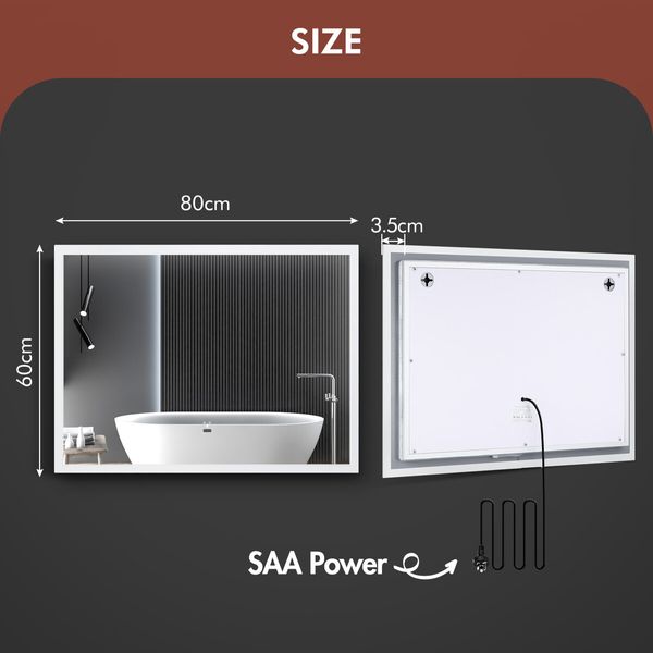 LED Inductive Bathroom Mirror Anti-Fog Vanity Mirrors with Lights Wall Mounted Lighted Mirror 80x60cm