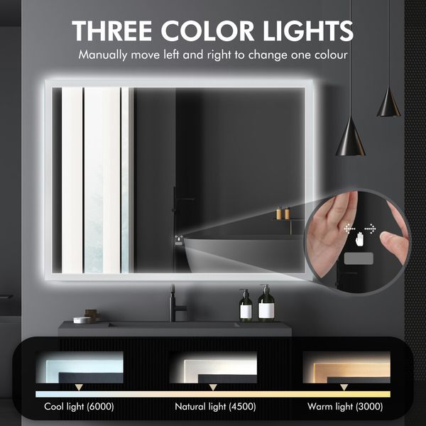 LED Inductive Bathroom Mirror Anti-Fog Vanity Mirrors with Lights Wall Mounted Lighted Mirror 80x60cm