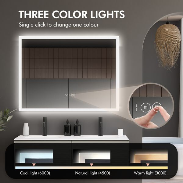 LUXSUITE Bathroom Mirror Smart Fogless LED Rectangular Wall Mounted for Shower Vanity Salon 80X60cm