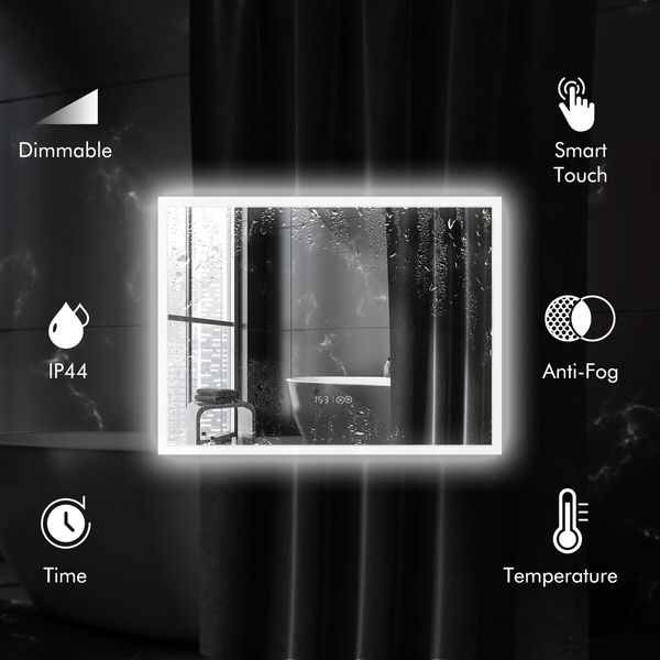 LUXSUITE Bathroom Mirror Smart Fogless LED Rectangular Wall Mounted for Shower Vanity Salon 80X60cm