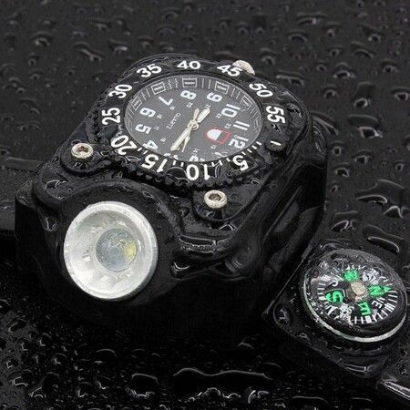 3-in-1 Outdoor Sports Rechargeable Bright LED Flashlight Compass Wrist Watch Wristband Sports Mens Watches