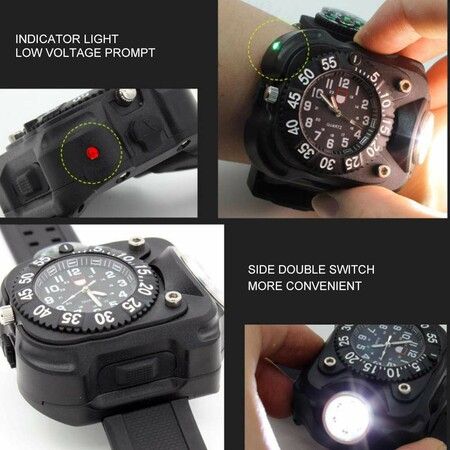 3-in-1 Outdoor Sports Rechargeable Bright LED Flashlight Compass Wrist Watch Wristband Sports Mens Watches