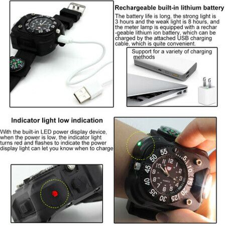 3-in-1 Outdoor Sports Rechargeable Bright LED Flashlight Compass Wrist Watch Wristband Sports Mens Watches