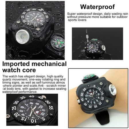 3-in-1 Outdoor Sports Rechargeable Bright LED Flashlight Compass Wrist Watch Wristband Sports Mens Watches