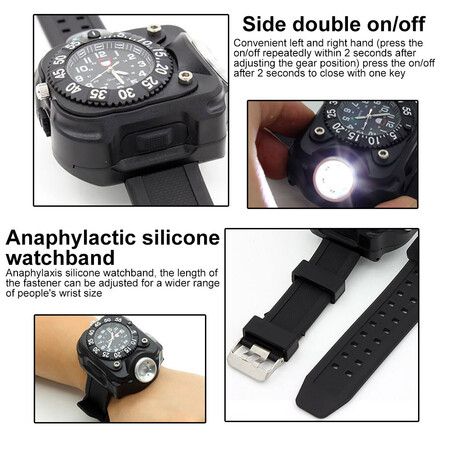 3-in-1 Outdoor Sports Rechargeable Bright LED Flashlight Compass Wrist Watch Wristband Sports Mens Watches