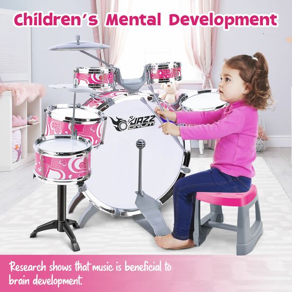 Jazz Drum Play Set For Kid Toddler Musical Educational Instrument Toy Plastic Pink 10 Pieces