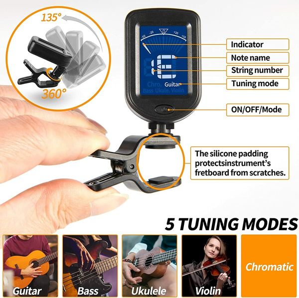 Guitar Tuner Clip on Chromatic Digital Tuner for Acoustic Guitars Violin Ukulele Bass