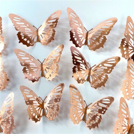 3D Butterfly Wall Stickers 3 Sizes, Gold Butterfly Decorations for Birthday Decorations Party Decorations Cake Decorations, Removable Room Decor for Kids Nursery Classroom Wedding Decor Pink 48 Pcs