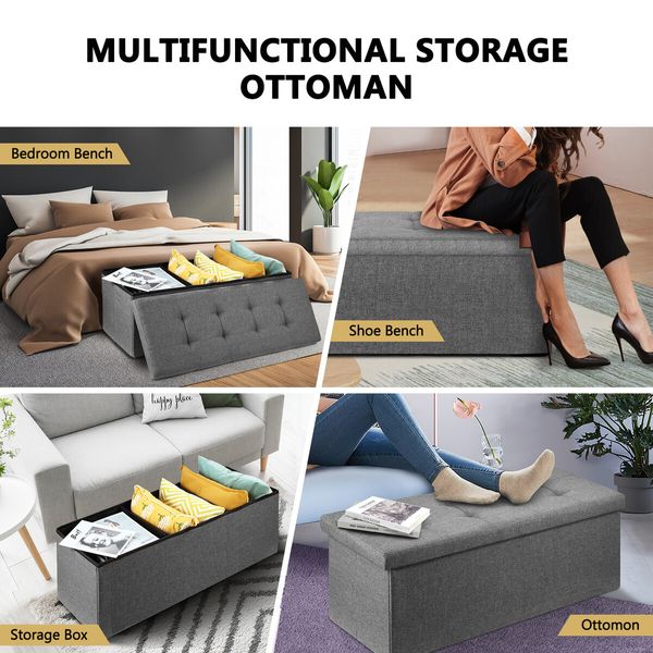 Grey Ottoman Fabric Footrest Stool Bench Folding Upholstered Entryway Rectangle Coffee Table Storage Cube Chest Toy Box 109cm