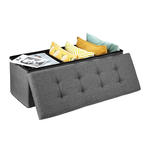 Grey Ottoman Fabric Footrest Stool Bench Folding Upholstered Entryway Rectangle Coffee Table Storage Cube Chest Toy Box 109cm