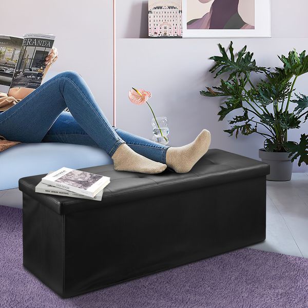 Black Ottoman Bench Folding Upholstered Footrest Stool Rectangle Coffee Table Entryway Storage Cube Chest Toy Box 109cm 