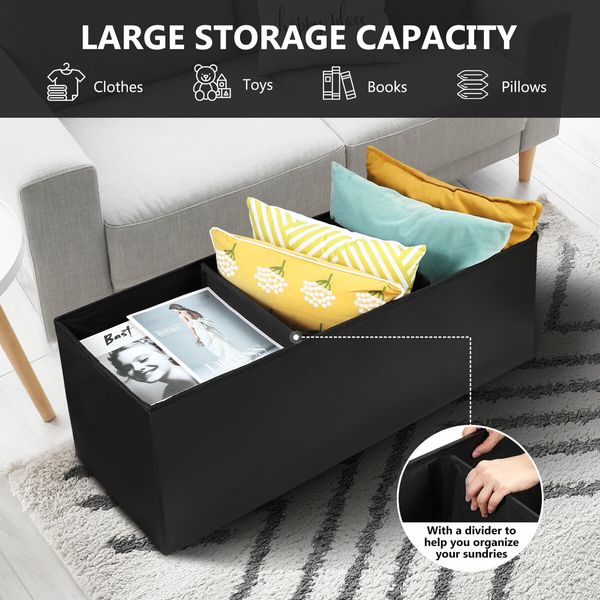 Black Ottoman Bench Folding Upholstered Footrest Stool Rectangle Coffee Table Entryway Storage Cube Chest Toy Box 109cm 