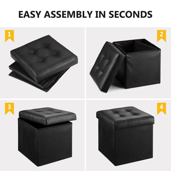 Black Ottoman Faux Leather Upholstered Shoe Bench Folding Storage Cube Chest Coffee Table Entryway Toy Box Footrest Stool with Lid