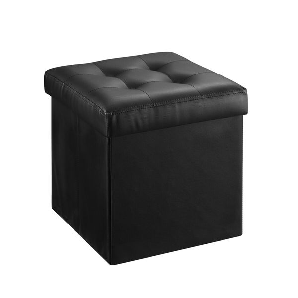 Black Ottoman Faux Leather Upholstered Shoe Bench Folding Storage Cube Chest Coffee Table Entryway Toy Box Footrest Stool with Lid