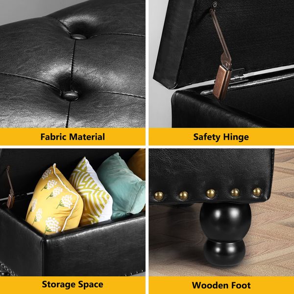 Black Ottoman Faux Leather Shoe Bench Upholstered Footrest Stool Rectangle Coffee Table Entryway Toy Box Storage Cube Chest with Lift Top 100cm