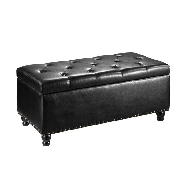 Black Ottoman Faux Leather Shoe Bench Upholstered Footrest Stool Rectangle Coffee Table Entryway Toy Box Storage Cube Chest with Lift Top 100cm