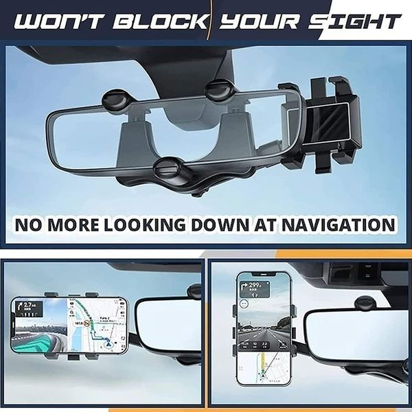 Car Phone Holder Rotatable and Retractable Rear View Mirror Car Phone Holder Mount 360-degree Rotation Adjustment for All Mobile Phones and All Car