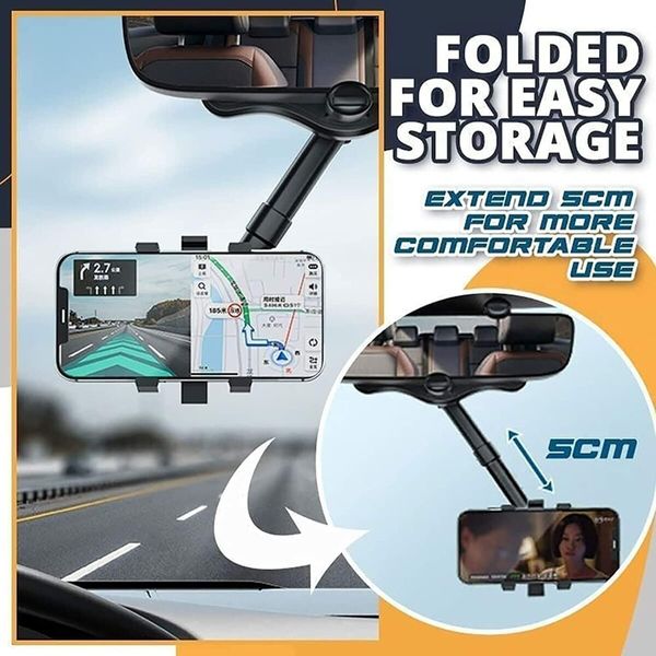 Car Phone Holder Rotatable and Retractable Rear View Mirror Car Phone Holder Mount 360-degree Rotation Adjustment for All Mobile Phones and All Car