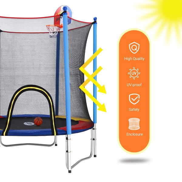 Genki Kids Trampoline Bounce Rebounder Jumping Rebounding Indoor Outdoor Safety Enclosure Basketball Hoop 60 Inch 