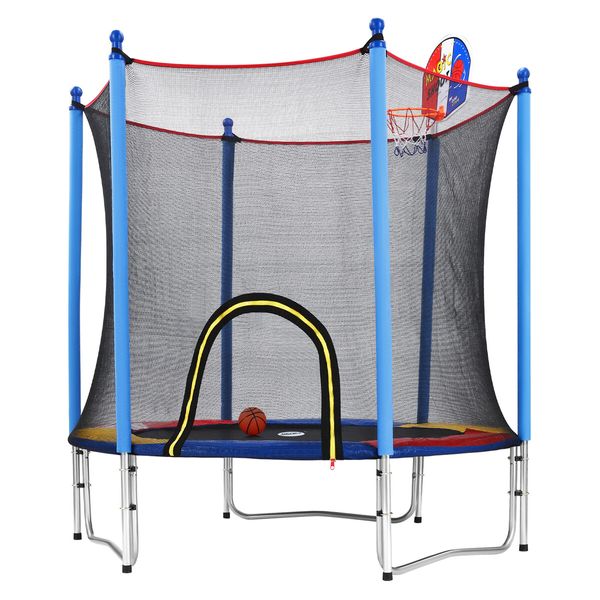 Genki Kids Trampoline Bounce Rebounder Jumping Rebounding Indoor Outdoor Safety Enclosure Basketball Hoop 60 Inch 