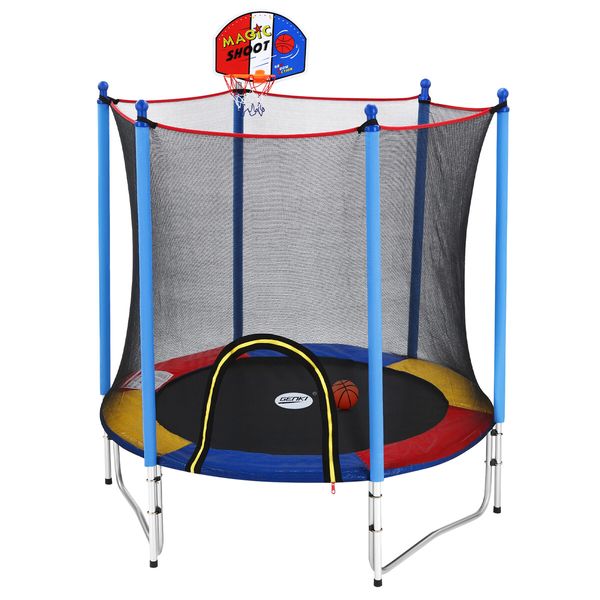 Genki Kids Trampoline Bounce Rebounder Jumping Rebounding Indoor Outdoor Safety Enclosure Basketball Hoop 60 Inch 