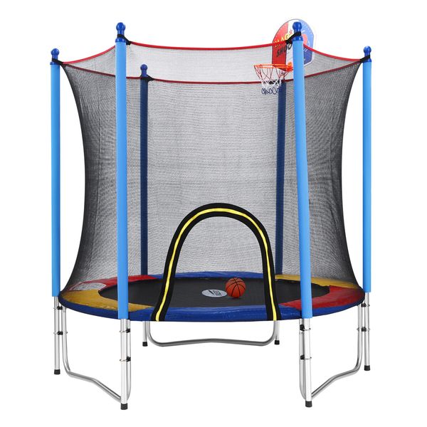 Genki Kids Trampoline Bounce Rebounder Jumping Rebounding Indoor Outdoor Safety Enclosure Basketball Hoop 60 Inch 