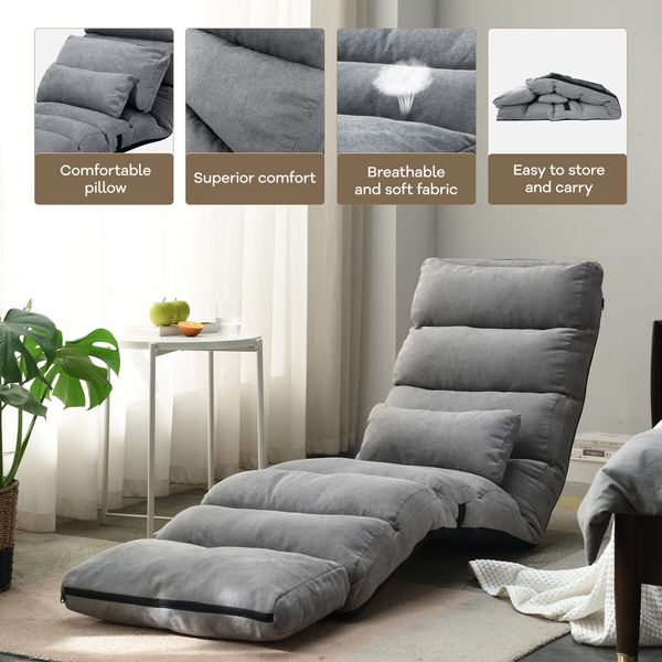 Floor Sofa Bed Lounge Recliner Chair Chaise Couch Adjustable Folding with Pillow Pedal Grey