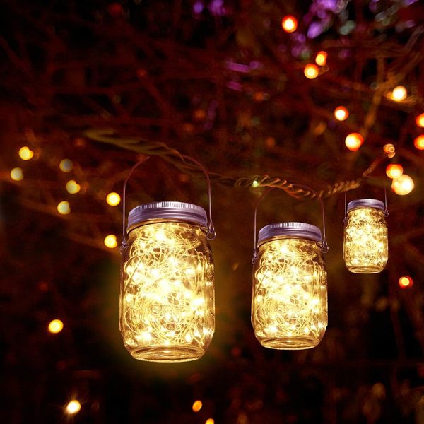 Hanging Mason Jar Solar Lights 6 Pack 20 LEDs IPX6 Waterproof Fairy Lights with Jars and Hangers Warm Light Color
