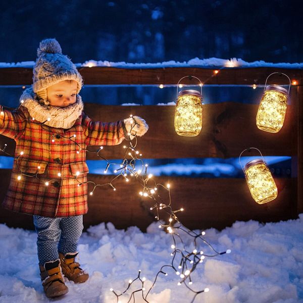 Hanging Mason Jar Solar Lights 6 Pack 20 LEDs IPX6 Waterproof Fairy Lights with Jars and Hangers Warm Light Color