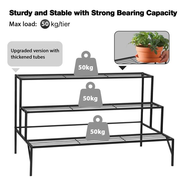 Plant Stand Black 3 Tiers Metal Flower Shelf Pot Holder Corner Planter Garden Storage Rack Outdoor Indoor Large