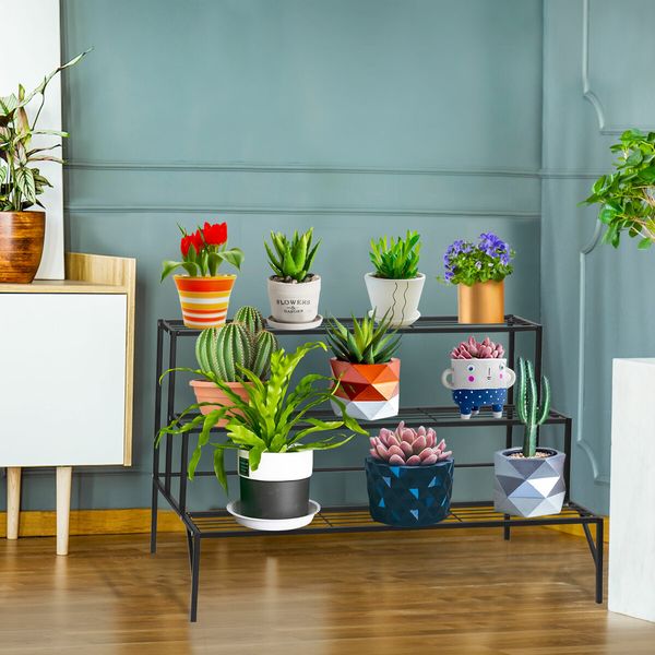 Plant Stand Black 3 Tiers Metal Flower Shelf Pot Holder Corner Planter Garden Storage Rack Outdoor Indoor Large