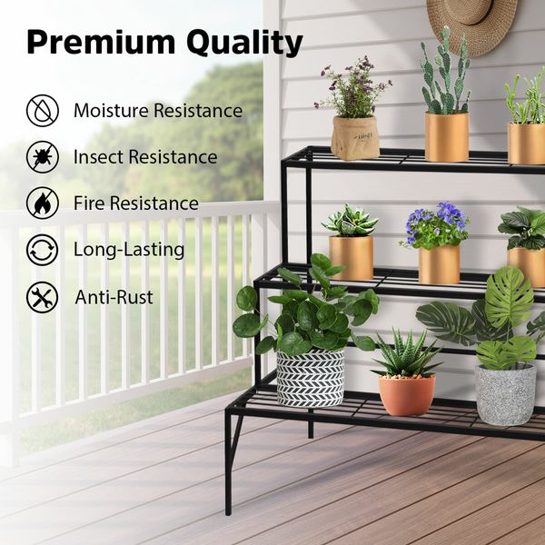 Plant Stand Black 3 Tiers Metal Flower Shelf Pot Holder Corner Planter Garden Storage Rack Outdoor Indoor Large