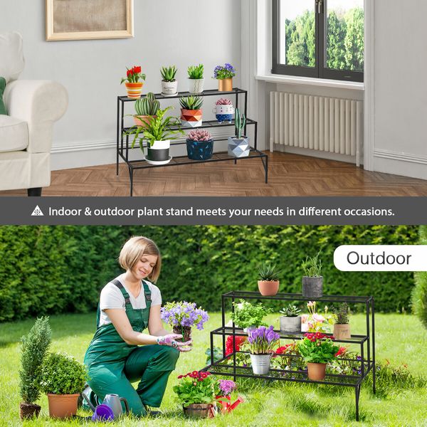 Plant Stand Black 3 Tiers Metal Flower Shelf Pot Holder Corner Planter Garden Storage Rack Outdoor Indoor Large