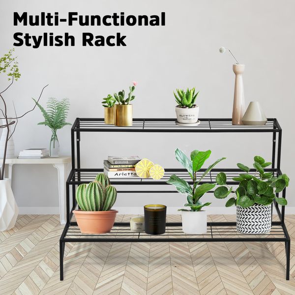 Plant Stand Black 3 Tiers Metal Flower Shelf Pot Holder Corner Planter Garden Storage Rack Outdoor Indoor Large