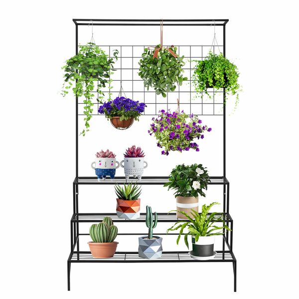 Black Plant Stand 3 Tiers Metal Hanging Pot Holder Flower Shelf Outdoor Indoor Corner Planter Garden Storage Rack Large