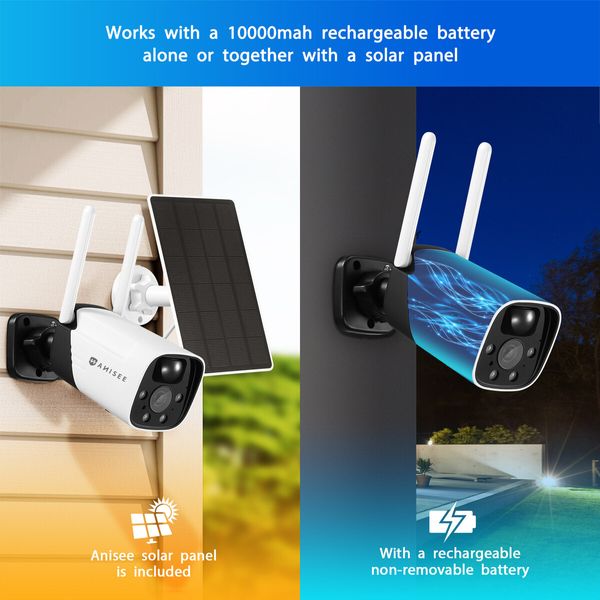 Solar-powered Security Camera WiFi Home CCTV Outdoor Surveillance System with Battery Weatherproof x2